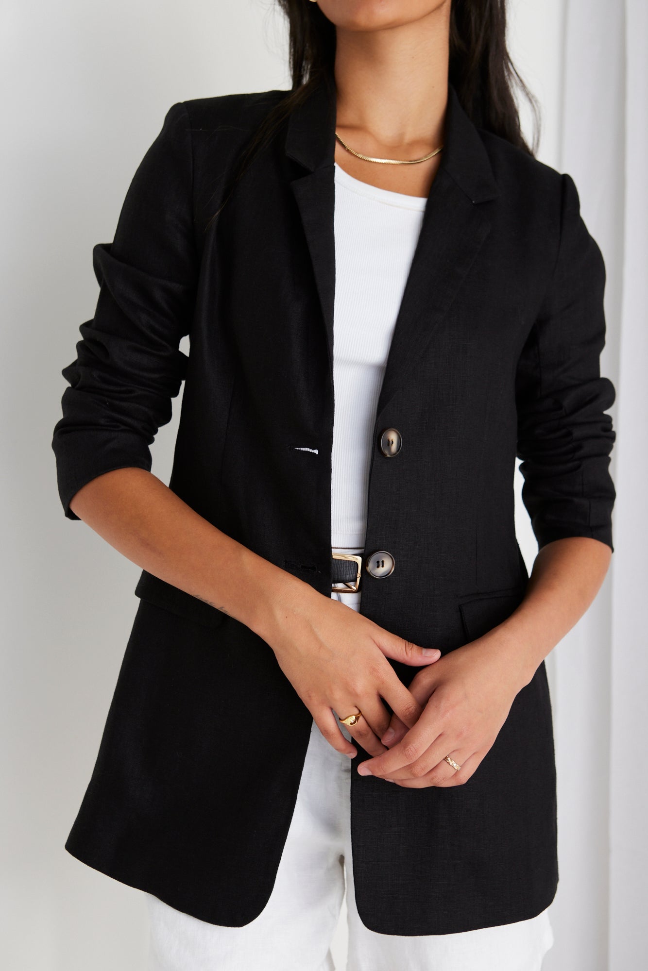 RE UNION LABEL ASTER BLACK LINEN BREASTED LONGLINE BLAZER