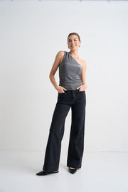 AMONG THE BRAVE ZOEY BLACK DENIM HIGH RISE WIDE LEG POCKET JEAN - WILDROSE