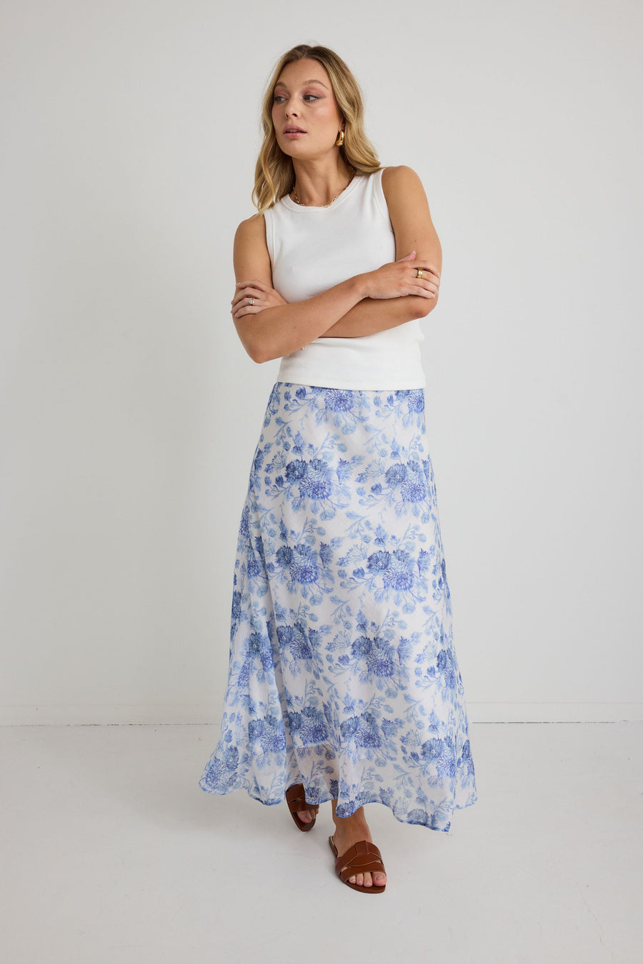 IVY & JACK HAVEN BLUE FLORAL BIAS CUT FLOATY MAXI SKIRT - WILDROSE