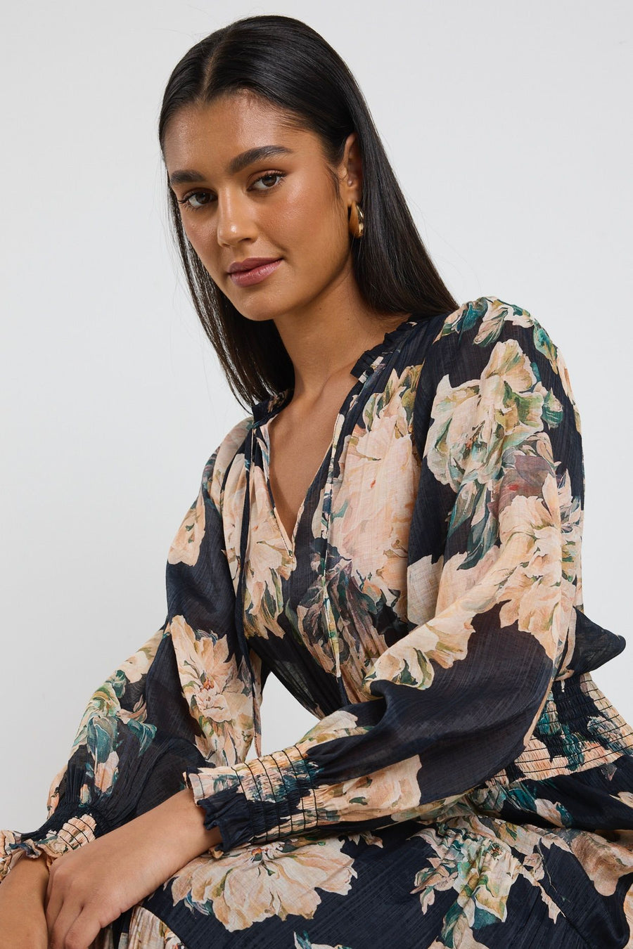 IVY + JACK ADDITION PEACH FLORAL LS SHIRRED WAIST TIERED MAXI DRESS - WILDROSE