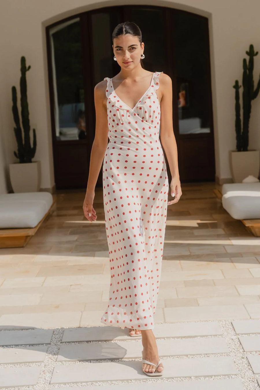 GEORGIA MAE DELIGHTFUL CREAM CHERRY POLKA DOT GEORGETTE BIAS SLIP MAXI DRESS - WILDROSE