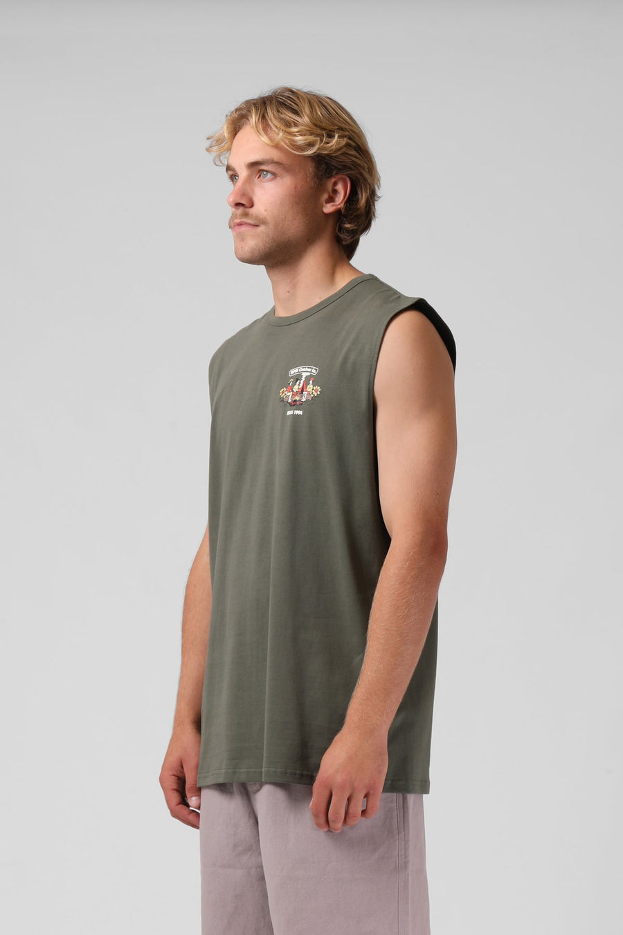 RPM OUTDOOR CO MUSCLE TEE - DARK OLIVE - WILD ROSE