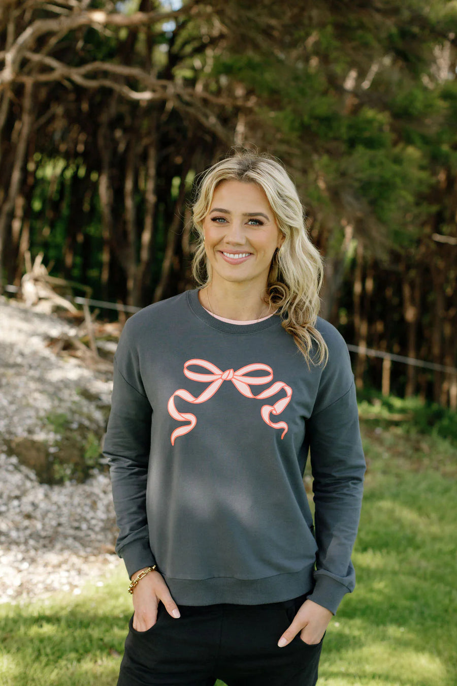 HOMELEE CAMILLA CREW - GRAPHITE WITH BLOSSOM BERRY BOW - WILDROSE