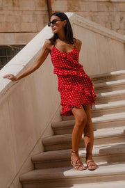 GEORGIA MAE PASSION CHERRY DITSY POLKA DOT BIAS RUFFLE MINI SLIP DRESS - WILDROSE