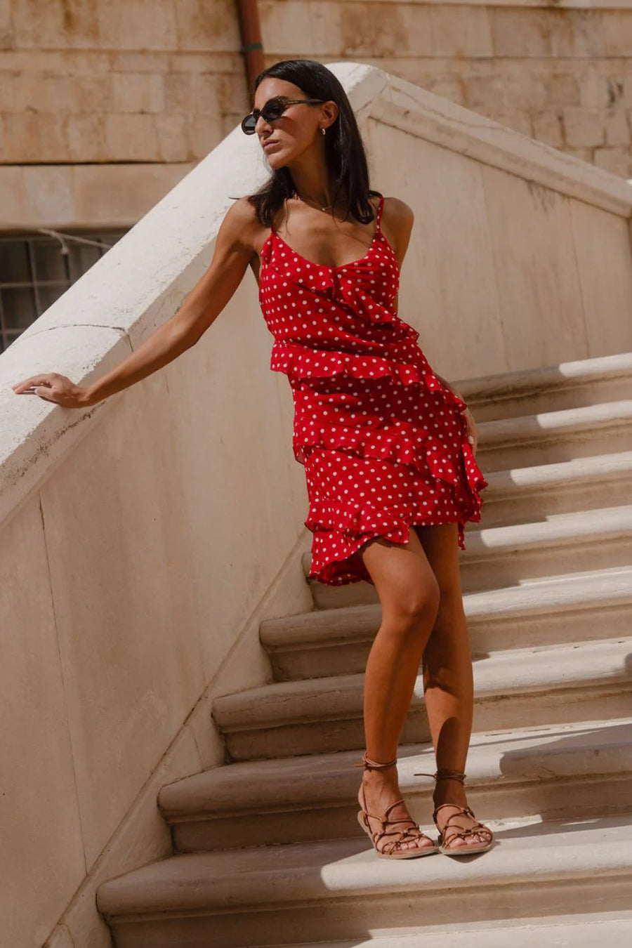 GEORGIA MAE PASSION CHERRY DITSY POLKA DOT BIAS RUFFLE MINI SLIP DRESS - WILDROSE