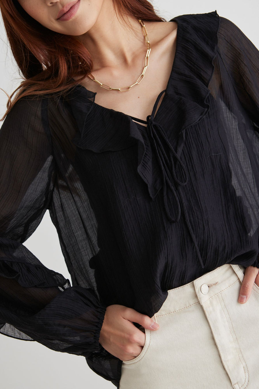 AMONG THE BRAVE DAILY SHEER TEXTURE FRILL FRONT TOP - BLACK