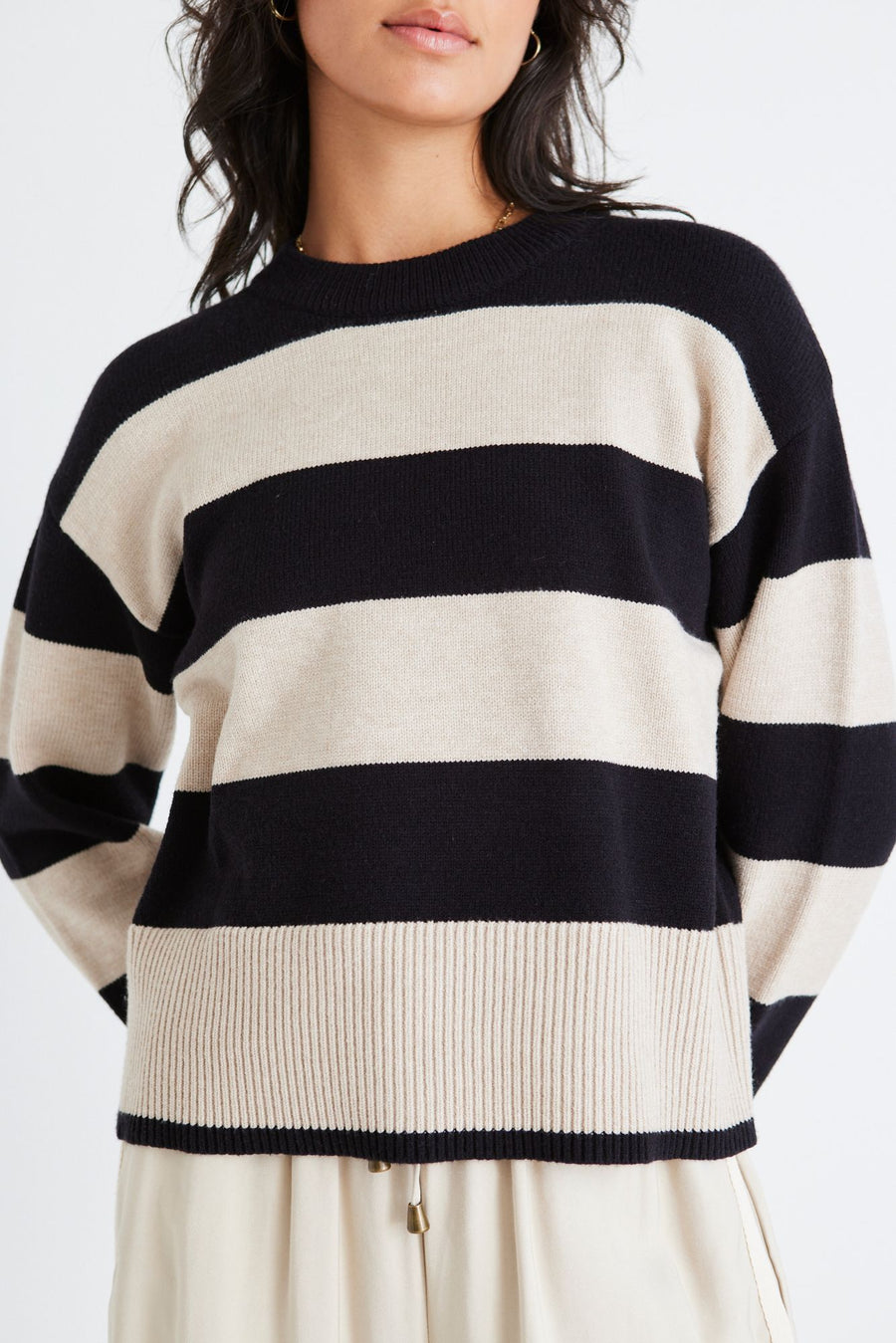 AMONG THE BRAVE GRAVITY BLACK & STONE STRIPE CREW NECK KNIT JUMPER - WILDROSE