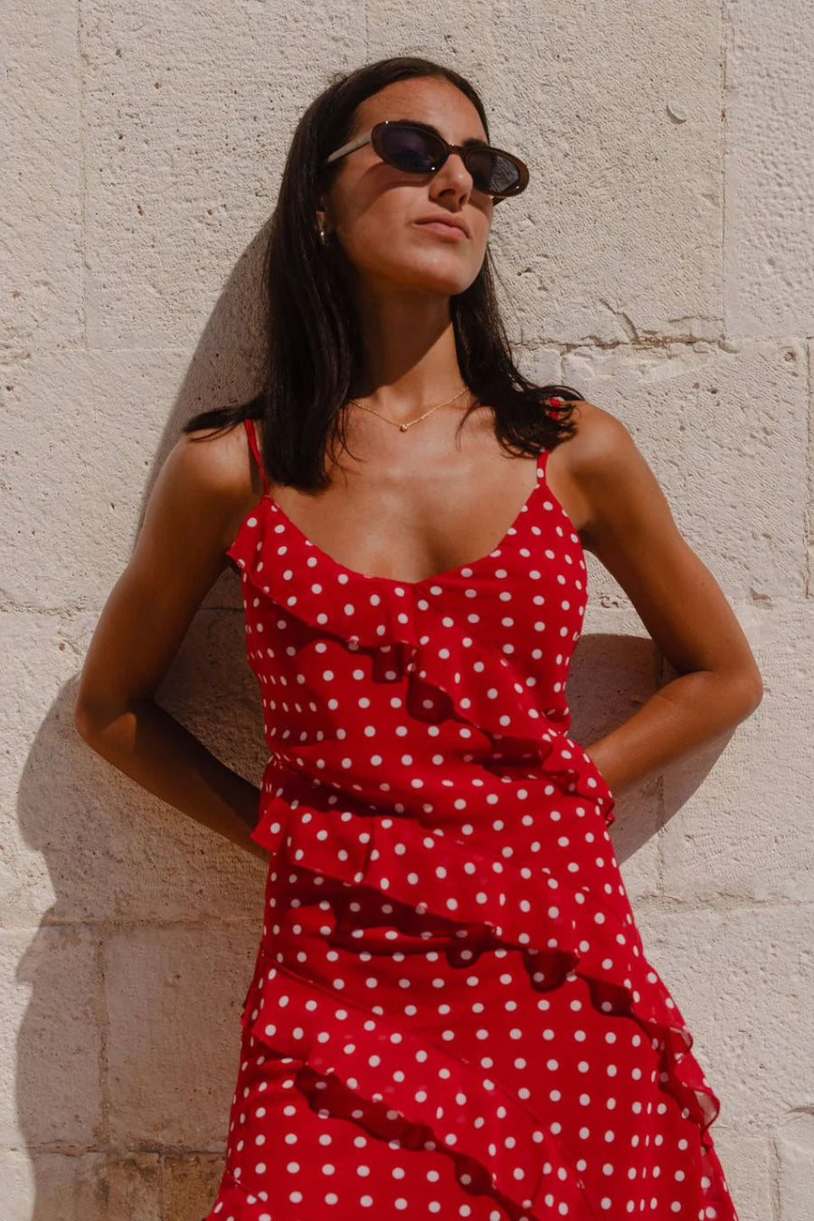 GEORGIA MAE PASSION CHERRY DITSY POLKA DOT BIAS RUFFLE MINI SLIP DRESS - WILDROSE