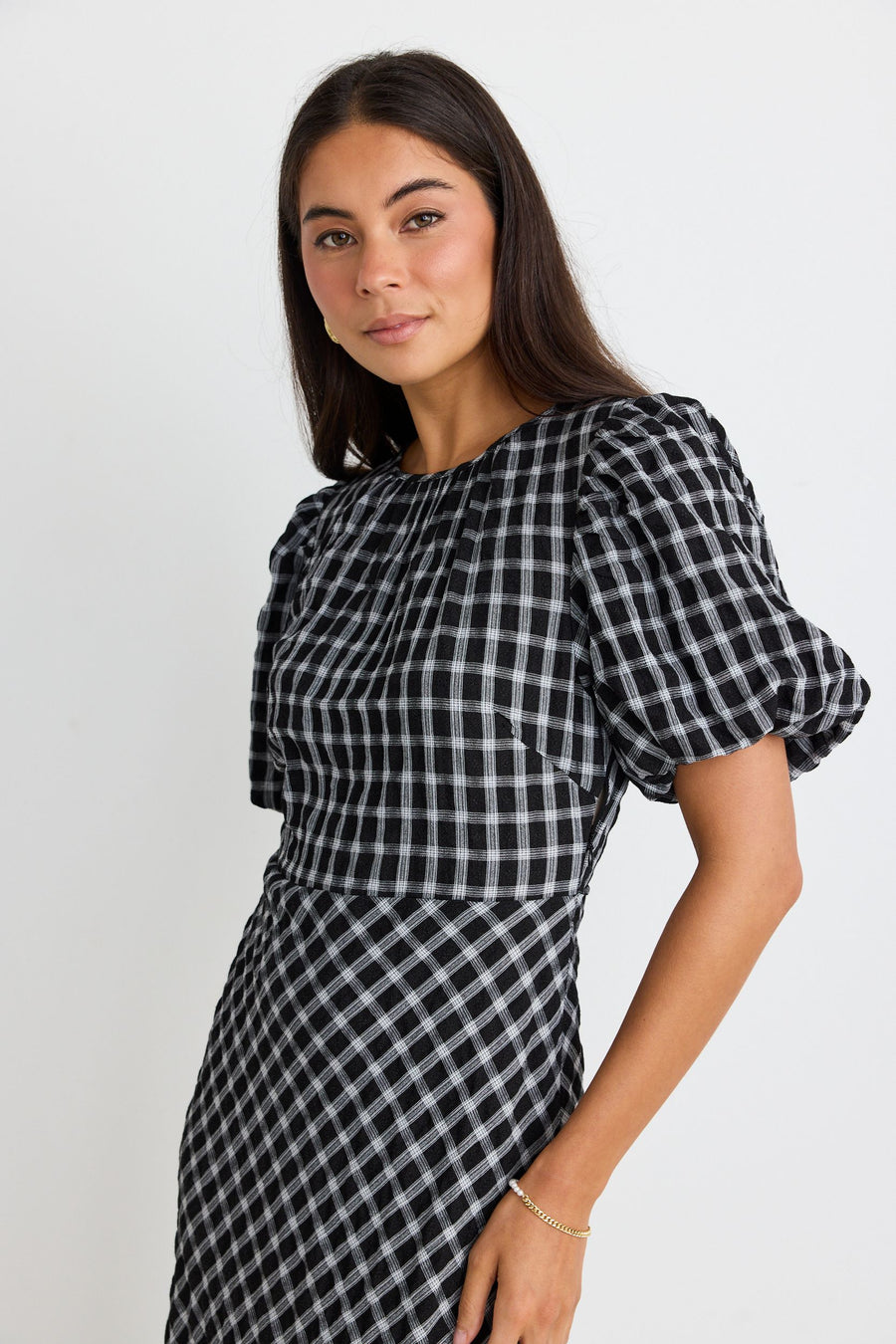 STORIES TO BE TOLD ASTRID BLACK CHECK PUFF SLEEVE BIAS MAXI DRESS - WILDROSE