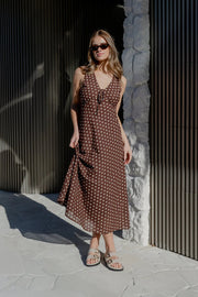 AMONG THE BRAVE INFINITY CHOCOLATE POLKA DOT SLEEVELESS BIAS MIDI DRESS - WILDROSE