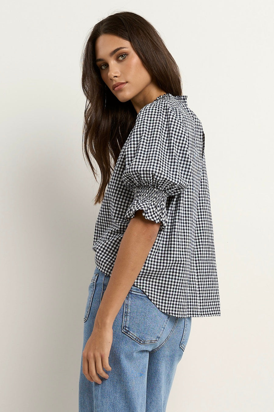 IVY + JACK AFFECTION NAVY GINGHAM HIGH NECK TOP - WILDROSE