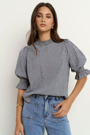 IVY + JACK AFFECTION NAVY GINGHAM HIGH NECK TOP - WILDROSE