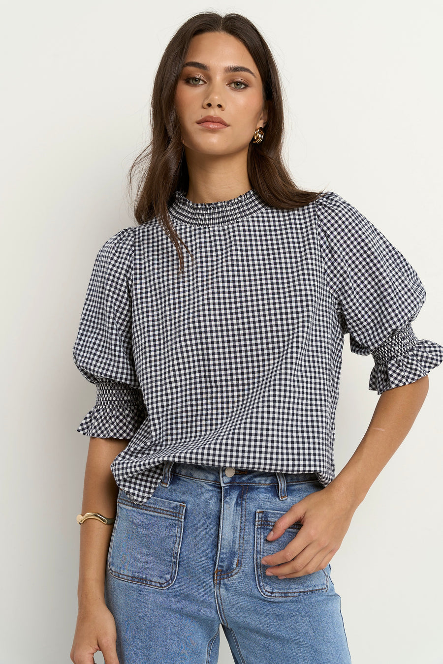 IVY + JACK AFFECTION NAVY GINGHAM HIGH NECK TOP - WILDROSE