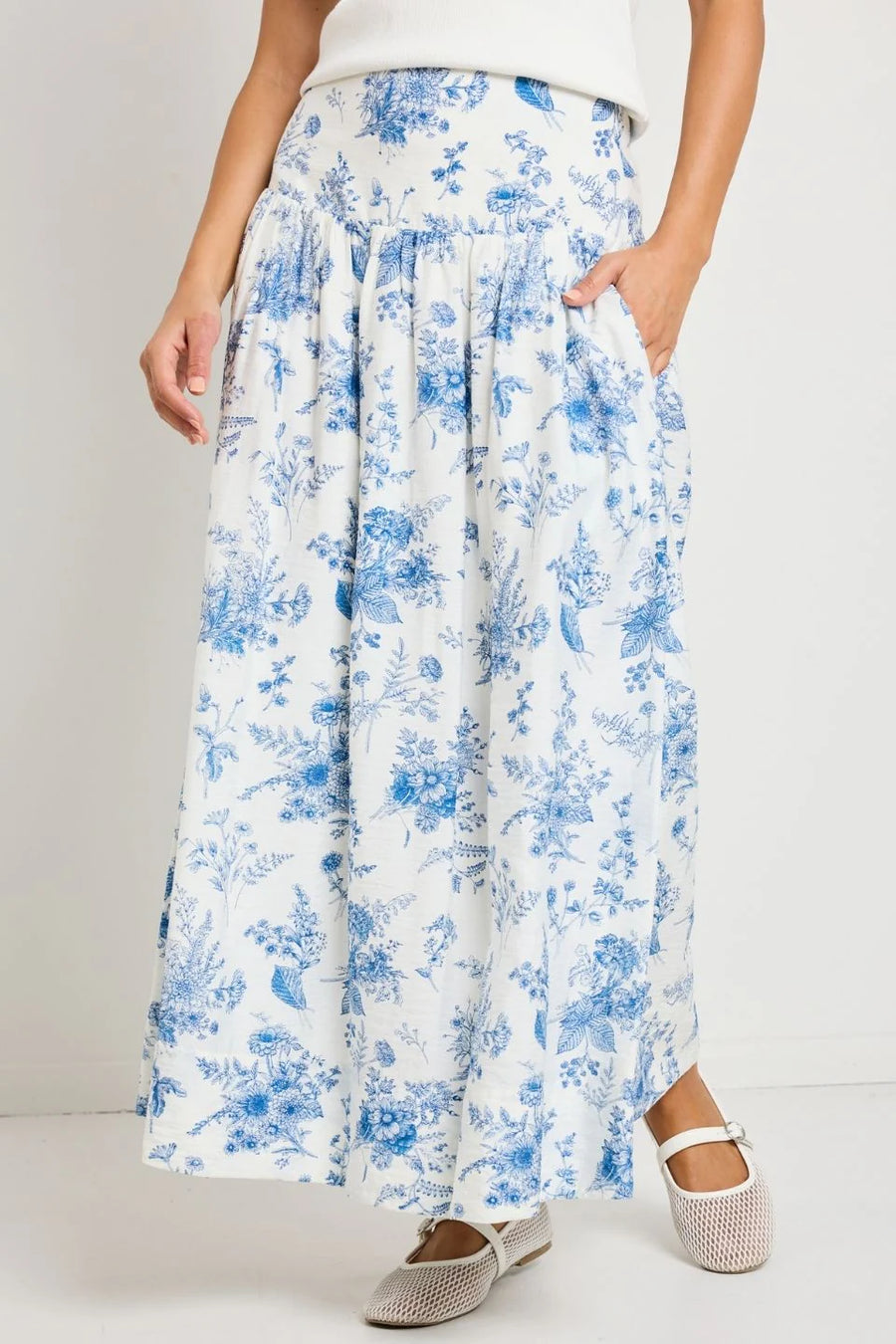 IVY + JACK AFFINITY PORCELAIN PRINT SHIRRED BACK TIERED MAXI SKIRT - WILDROSE