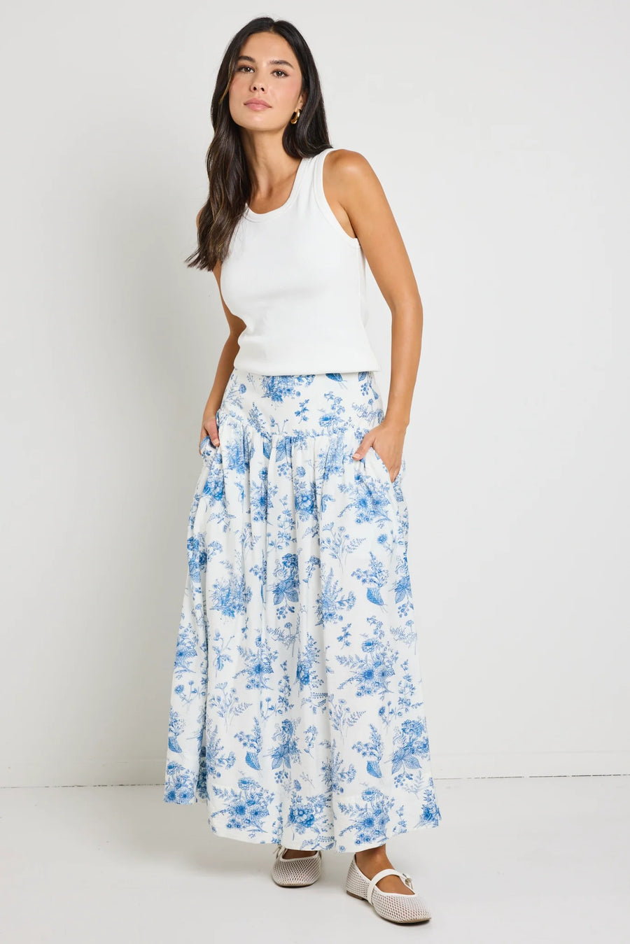 IVY + JACK AFFINITY PORCELAIN PRINT SHIRRED BACK TIERED MAXI SKIRT - WILDROSE