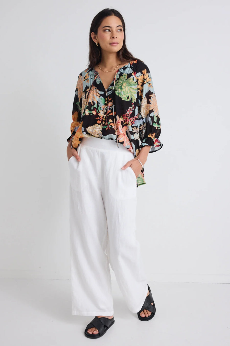 AMONG THE BRAVE ANTIC TROPICAL BUTTON FRONT BLOUSE - WILDROSE