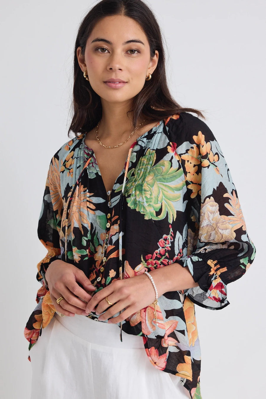 AMONG THE BRAVE ANTIC TROPICAL BUTTON FRONT BLOUSE - WILDROSE