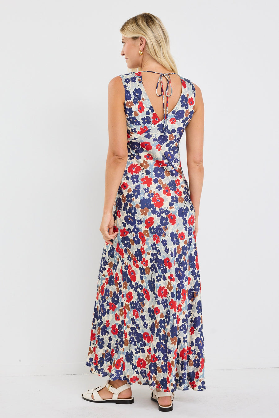 STORIES BE TOLD ASTON BLUE RED POPPY SATIN BIAS FLARED MAXI DRESS - WILDROSE