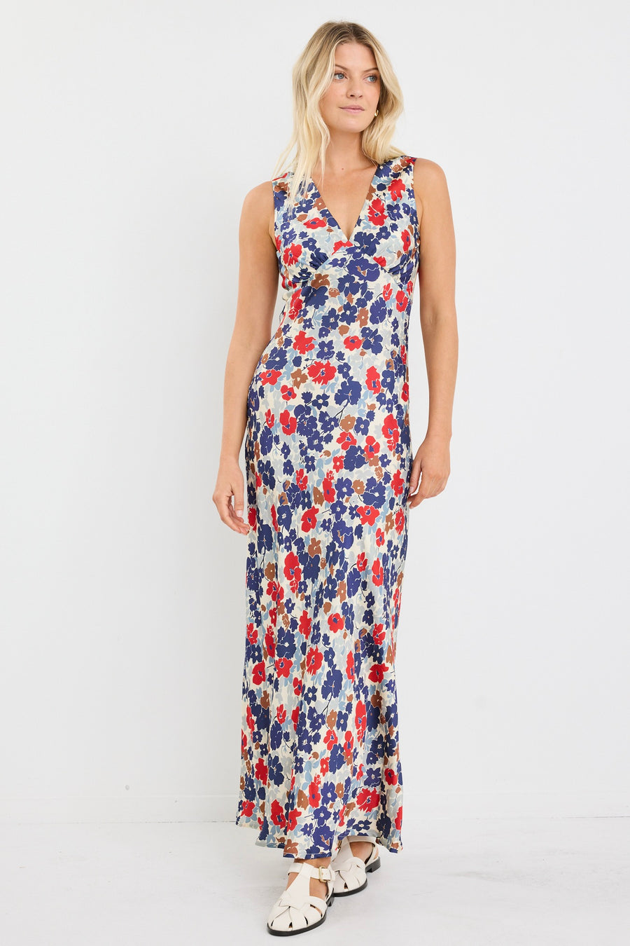 STORIES BE TOLD ASTON BLUE RED POPPY SATIN BIAS FLARED MAXI DRESS - WILDROSE