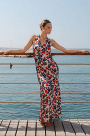 STORIES BE TOLD ASTON BLUE RED POPPY SATIN BIAS FLARED MAXI DRESS - WILDROSE