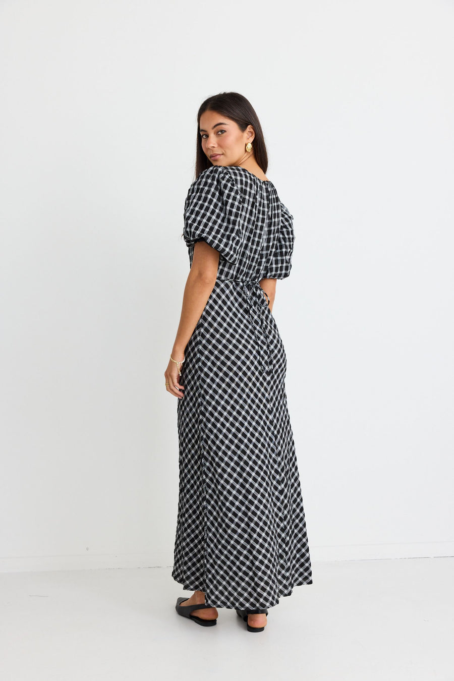 STORIES TO BE TOLD ASTRID BLACK CHECK PUFF SLEEVE BIAS MAXI DRESS - WILDROSE