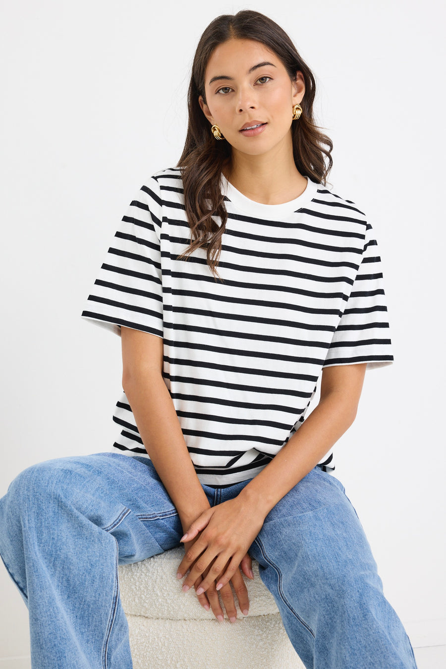 REUNION THE LABEL BINDING BLACK WHITE STRIPE BOXY FIT TEE - WILDROSE