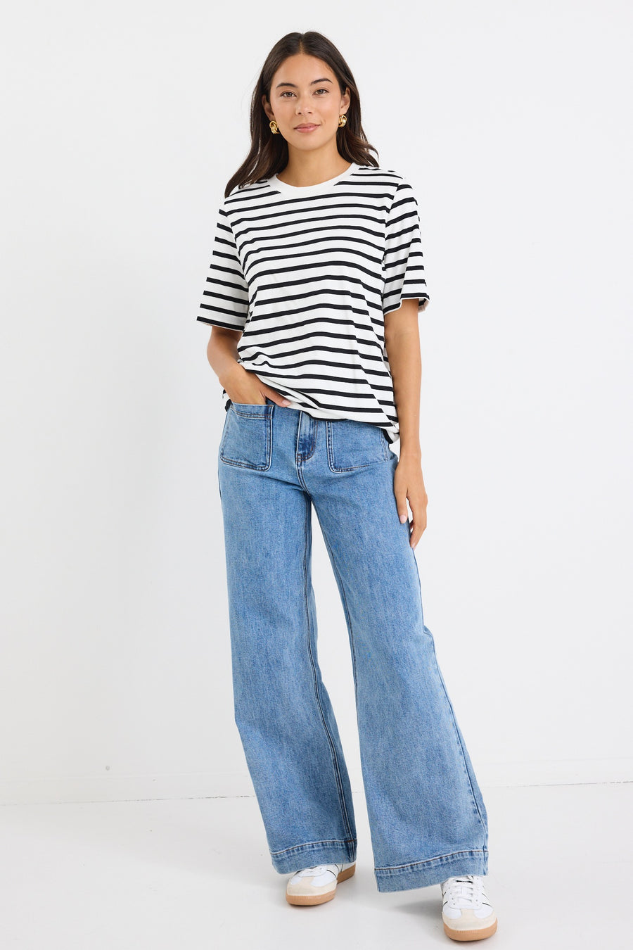 REUNION THE LABEL BINDING BLACK WHITE STRIPE BOXY FIT TEE - WILDROSE