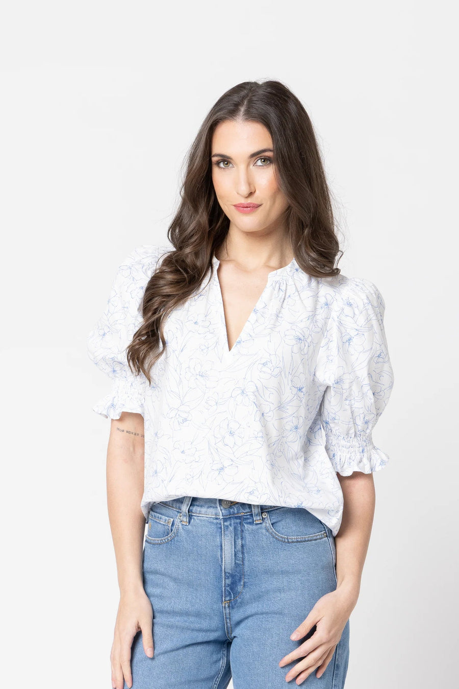 SEEKING LOLA RELAXED BUTTERFLY TOP - BLUE FLORAL SKETCH - WILDROSE