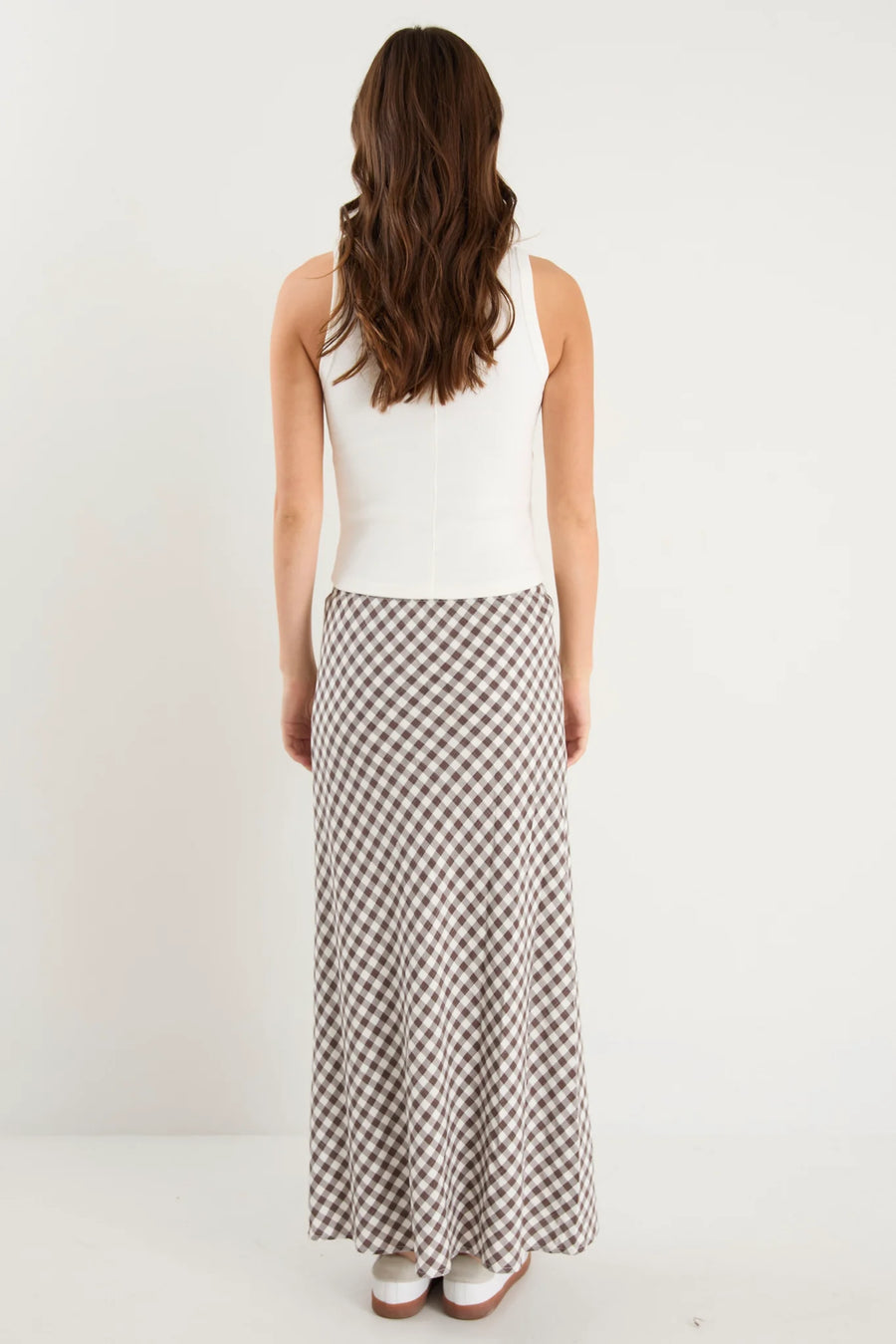 AMONG THE BRAVE SUMMIT CHOCOLATE GINGHAM COTTON BLEND TIE WAIST BIAS MAXI SKIRT - WILDROSE