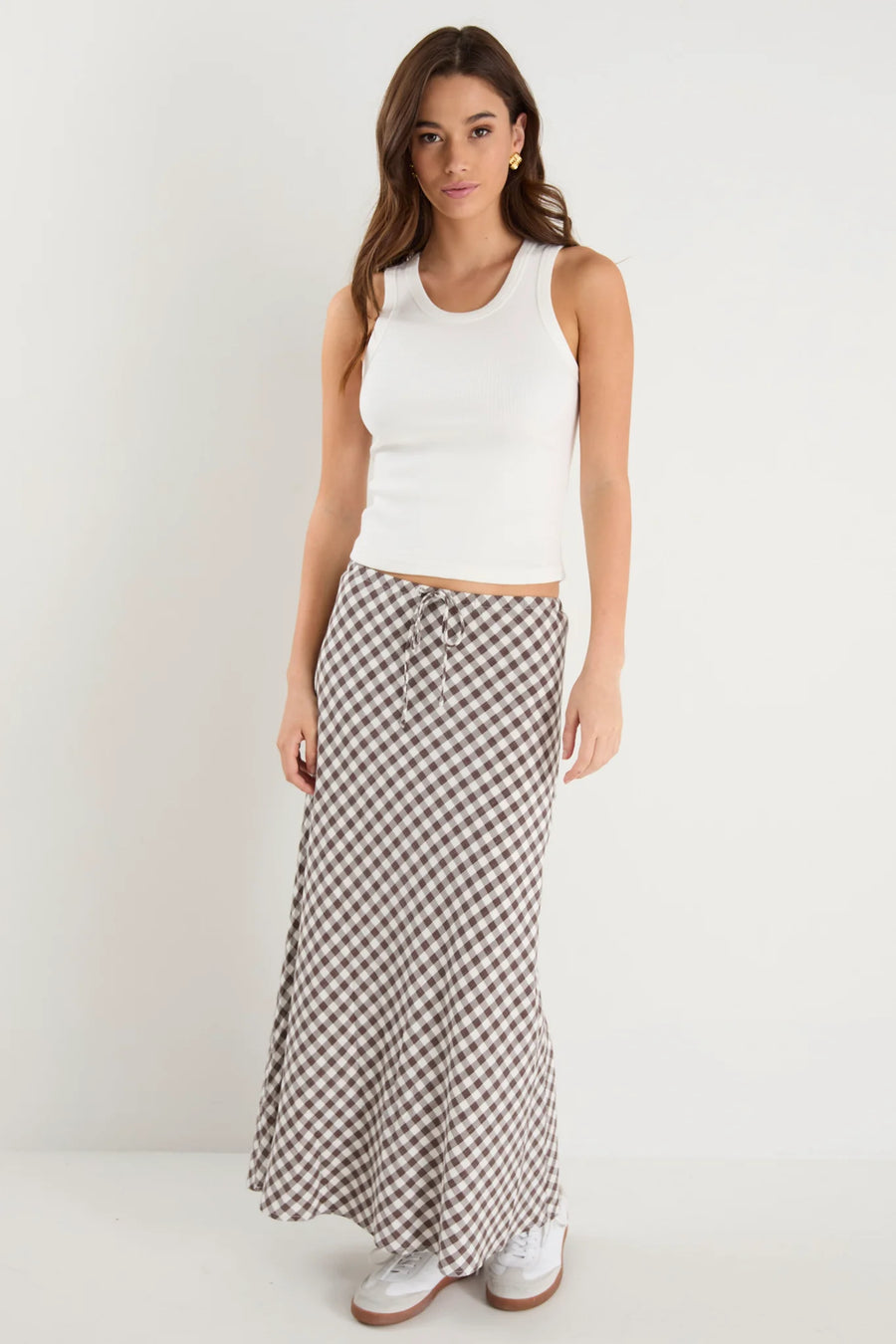 AMONG THE BRAVE SUMMIT CHOCOLATE GINGHAM COTTON BLEND TIE WAIST BIAS MAXI SKIRT - WILDROSE