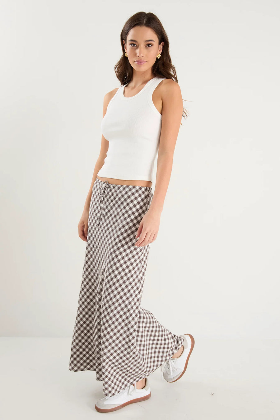 AMONG THE BRAVE SUMMIT CHOCOLATE GINGHAM COTTON BLEND TIE WAIST BIAS MAXI SKIRT - WILDROSE