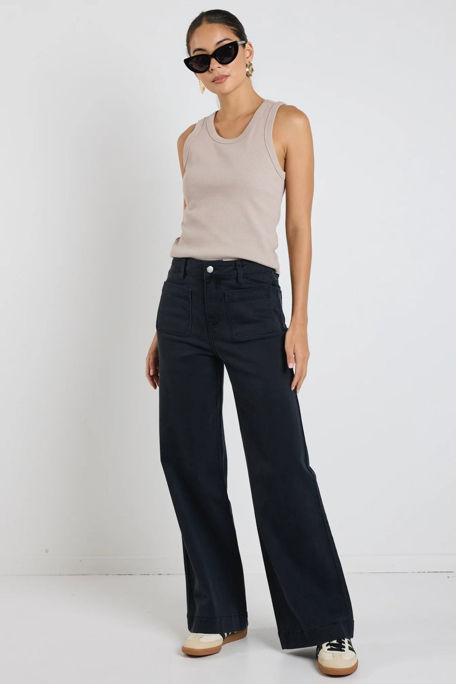 AMONG THE BRAVE ZOEY BLACK DENIM HIGH RISE WIDE LEG POCKET JEAN - WILDROSE