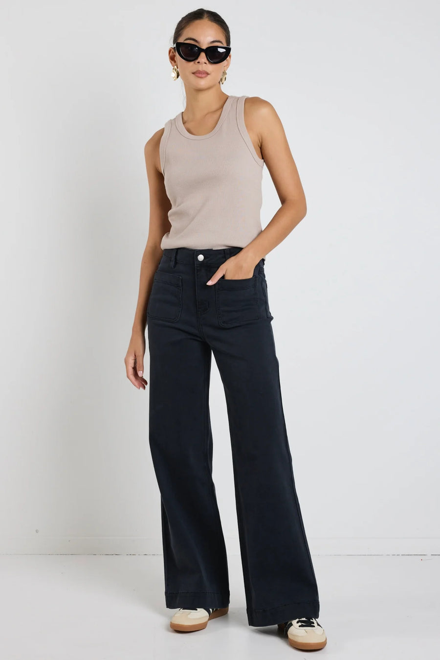 AMONG THE BRAVE ZOEY BLACK DENIM HIGH RISE WIDE LEG POCKET JEAN - WILDROSE