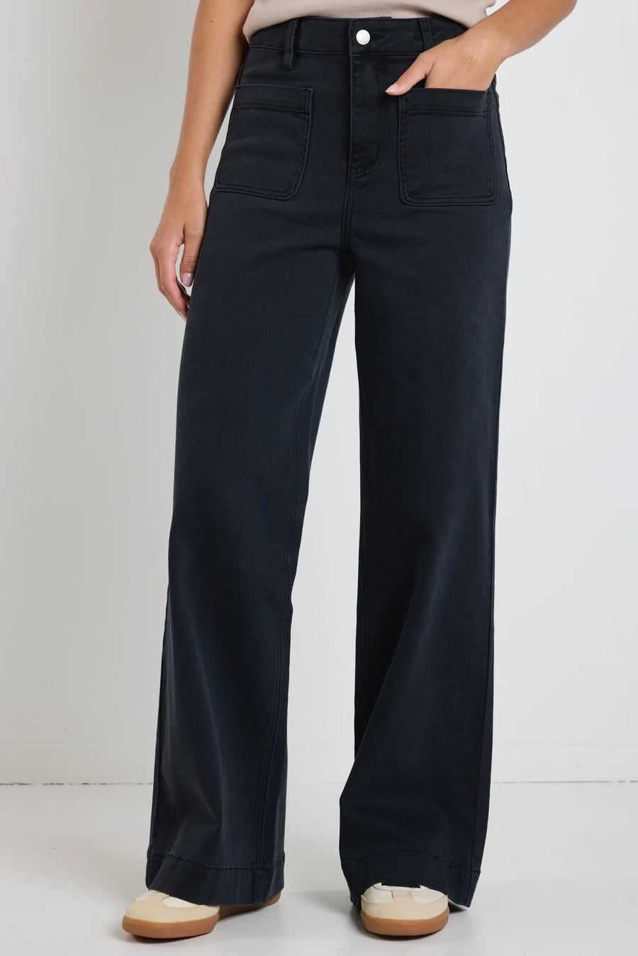 AMONG THE BRAVE ZOEY BLACK DENIM HIGH RISE WIDE LEG POCKET JEAN - WILDROSE