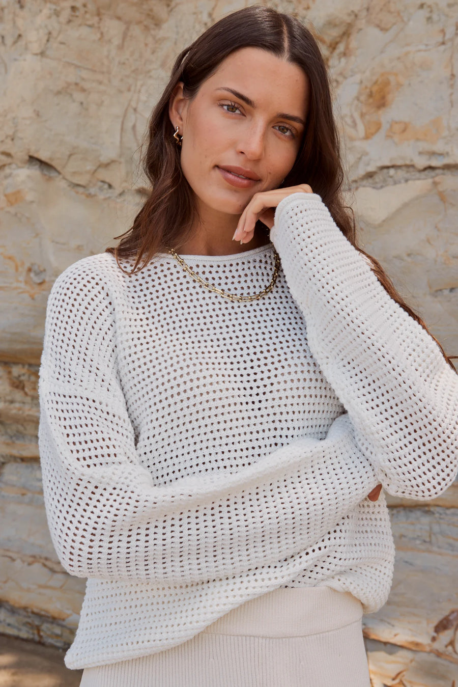 RE:UNION DAWN IVORY CROCHET KNIT JUMPER - IVORY - WILDROSE