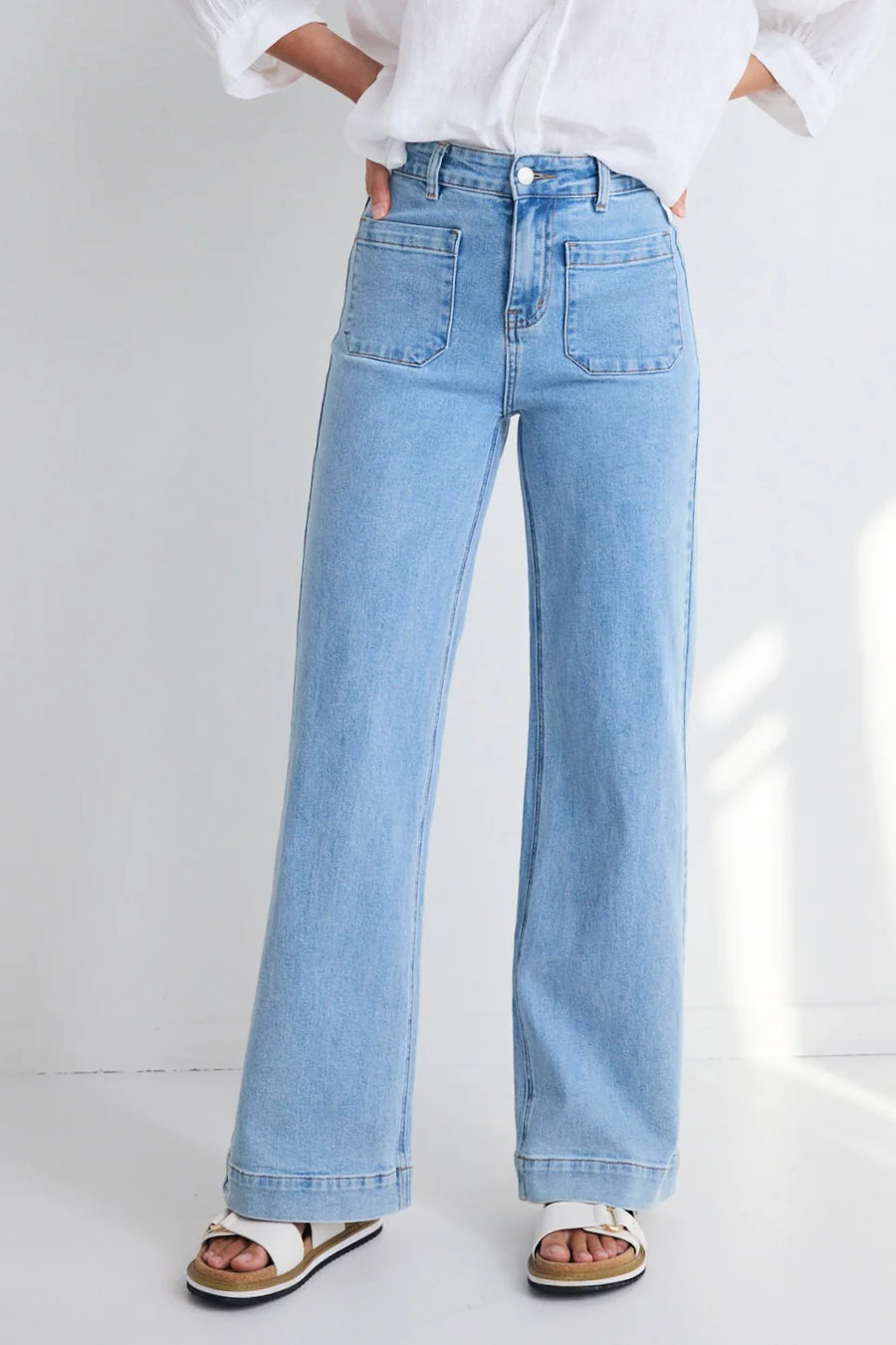 AMONG THE BRAVE ZOEY LIGHT BLUE HIGH RISE WIDE LEG POCKET JEAN - WILDROSE