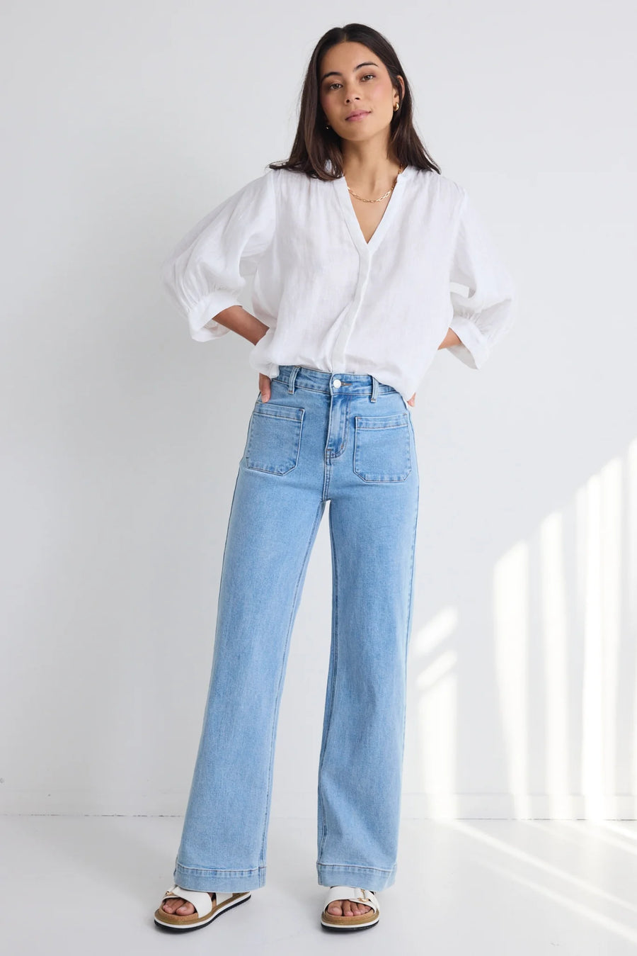 AMONG THE BRAVE ZOEY LIGHT BLUE HIGH RISE WIDE LEG POCKET JEAN - WILDROSE