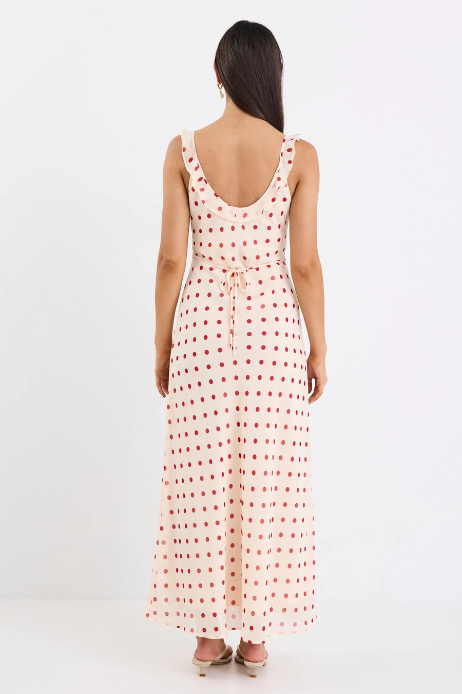 GEORGIA MAE DELIGHTFUL CREAM CHERRY POLKA DOT GEORGETTE BIAS SLIP MAXI DRESS - WILDROSE
