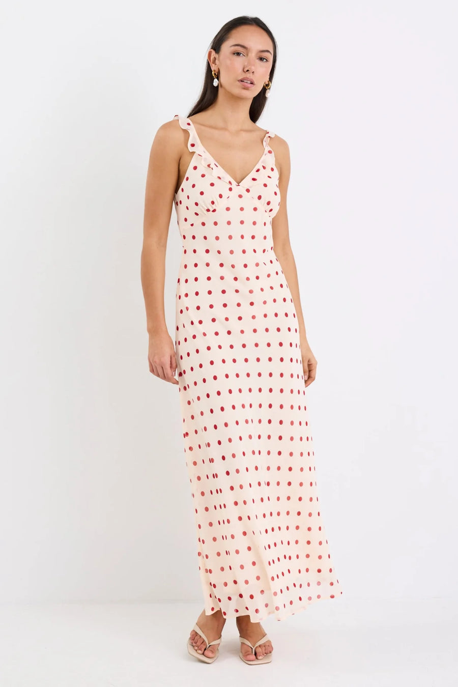 GEORGIA MAE DELIGHTFUL CREAM CHERRY POLKA DOT GEORGETTE BIAS SLIP MAXI DRESS - WILDROSE