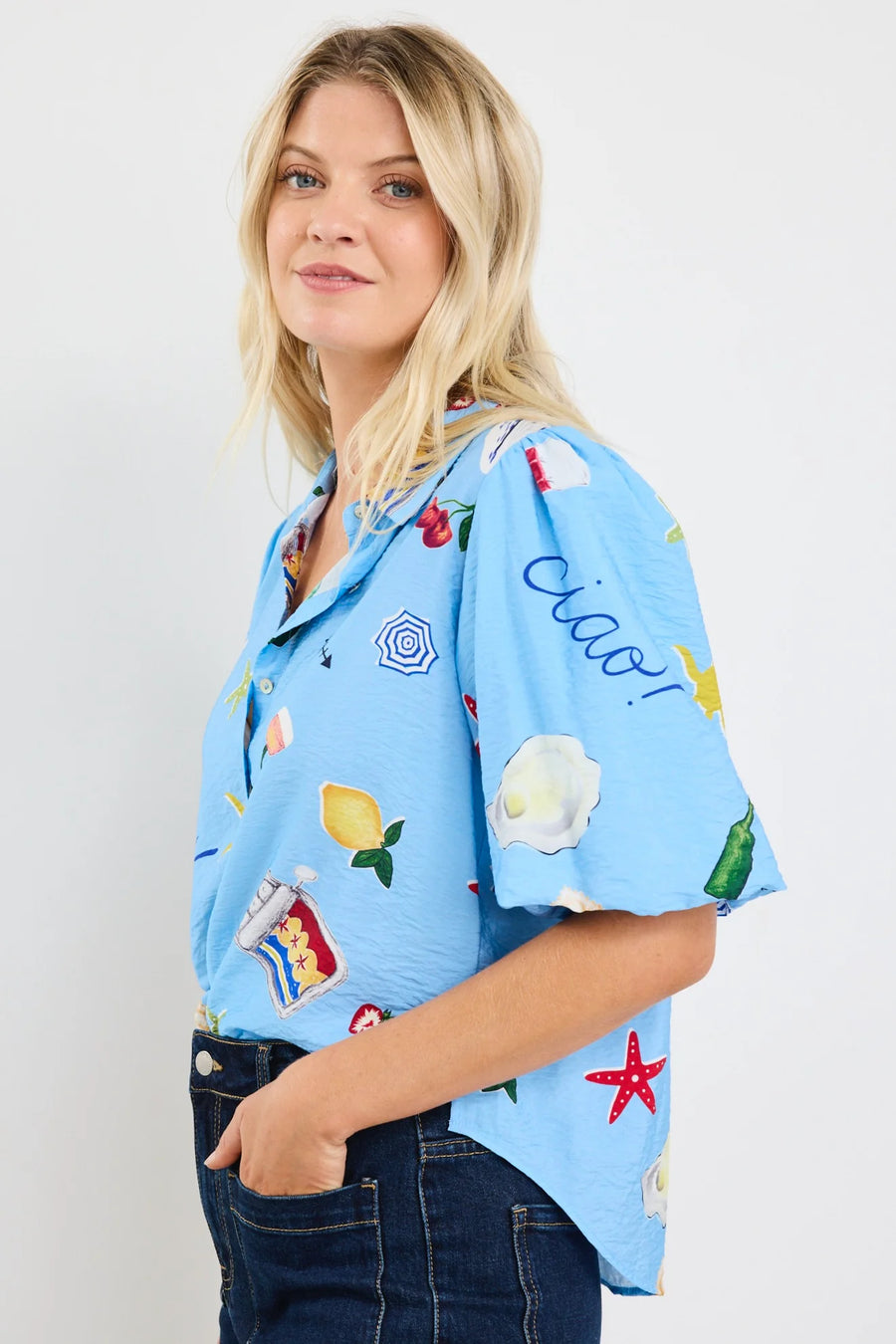 AMONG THE BRAVE EXEMPTION BLUE HOLIDAY TIE FRONT SS SHIRT - WILDROSE