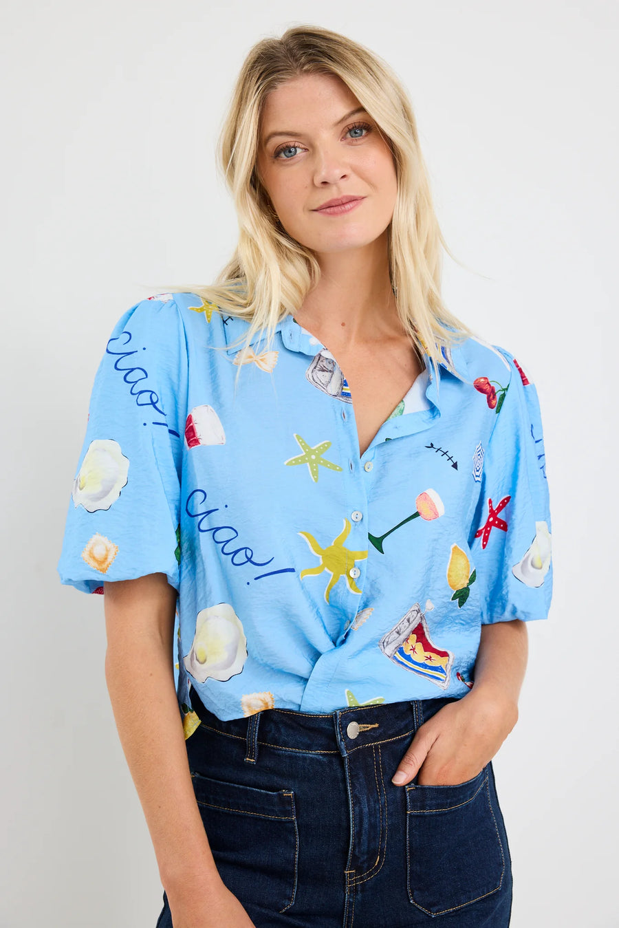 AMONG THE BRAVE EXEMPTION BLUE HOLIDAY TIE FRONT SS SHIRT - WILDROSE