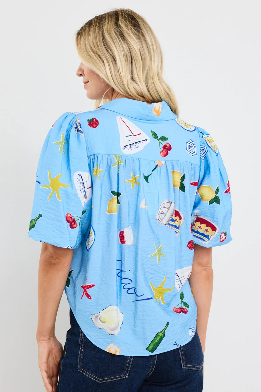 AMONG THE BRAVE EXEMPTION BLUE HOLIDAY TIE FRONT SS SHIRT - WILDROSE
