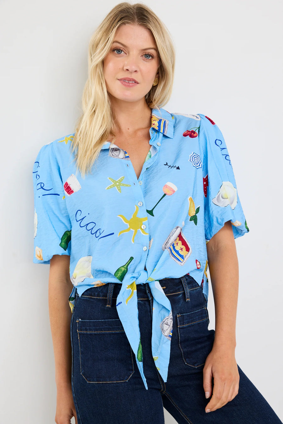 AMONG THE BRAVE EXEMPTION BLUE HOLIDAY TIE FRONT SS SHIRT - WILDROSE