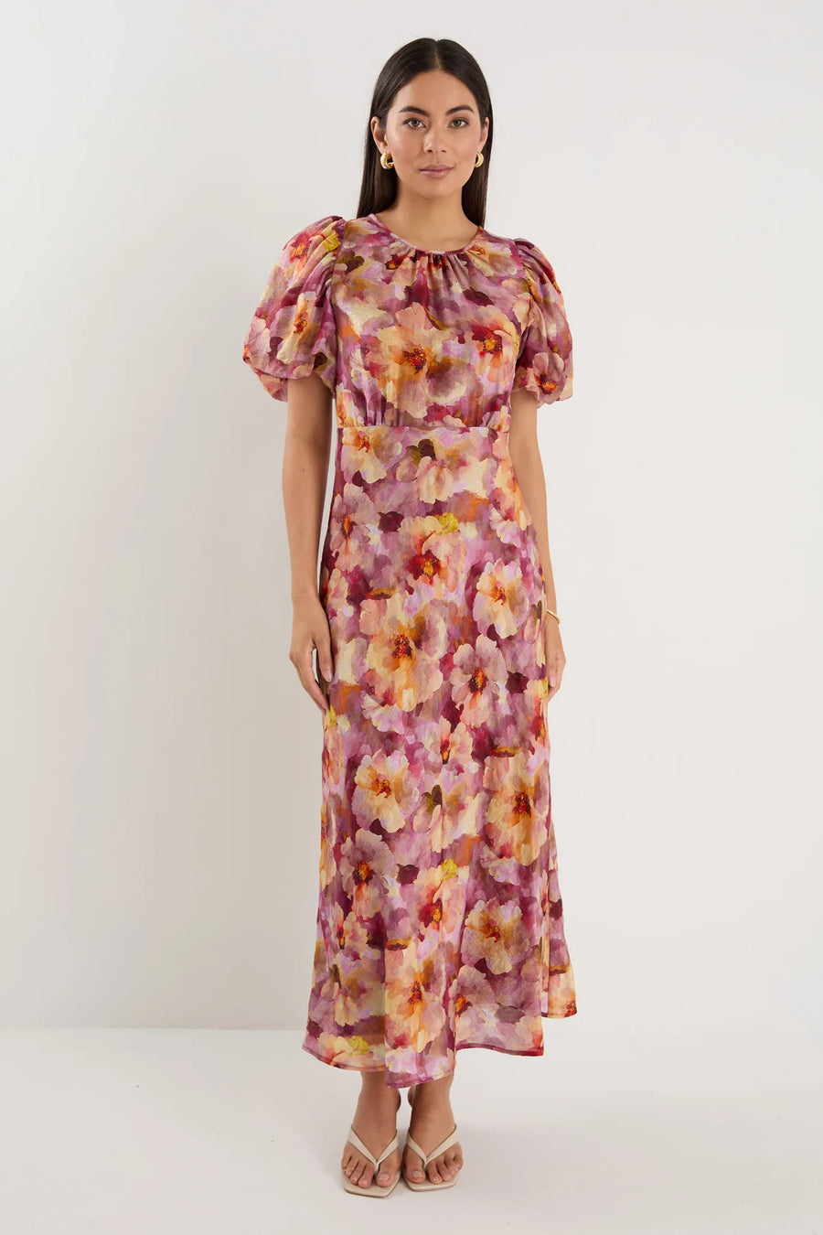 GEORGIA MAE EXQUISITE PINK MULTI FLORAL PUFF SLEEVE MIDI DRESS - WILDROSE