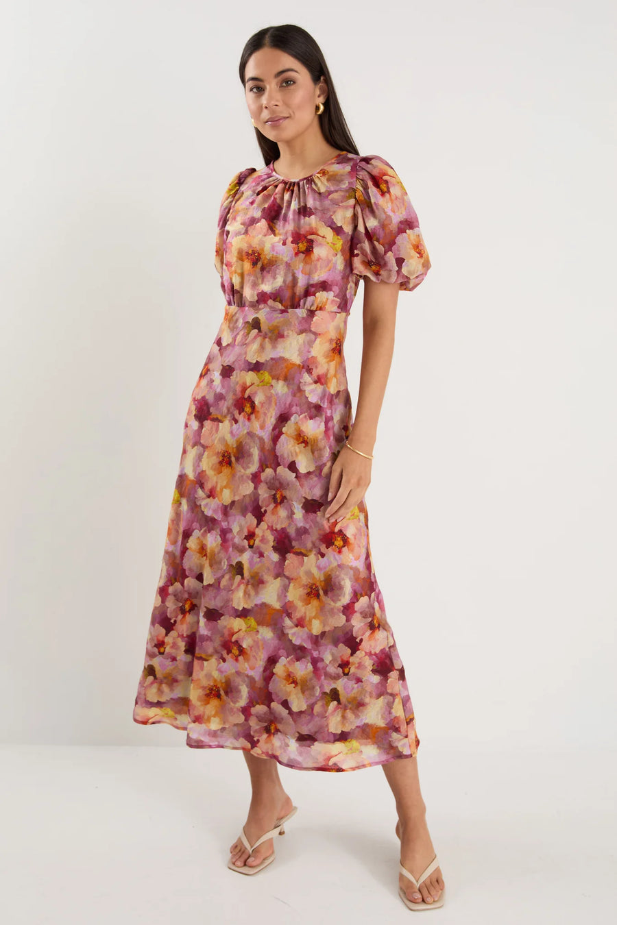 GEORGIA MAE EXQUISITE PINK MULTI FLORAL PUFF SLEEVE MIDI DRESS - WILDROSE