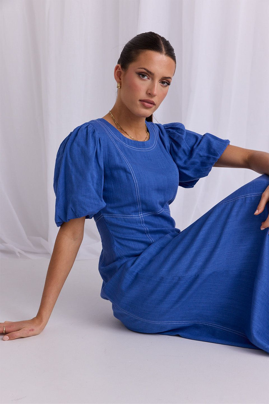 STORIES TO BE TOLD STATE LAKE BLUE LINEN BLEND SS MIDI DRESS - WILDROSE