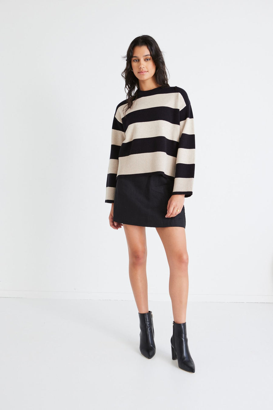 AMONG THE BRAVE GRAVITY BLACK & STONE STRIPE CREW NECK KNIT JUMPER - WILDROSE