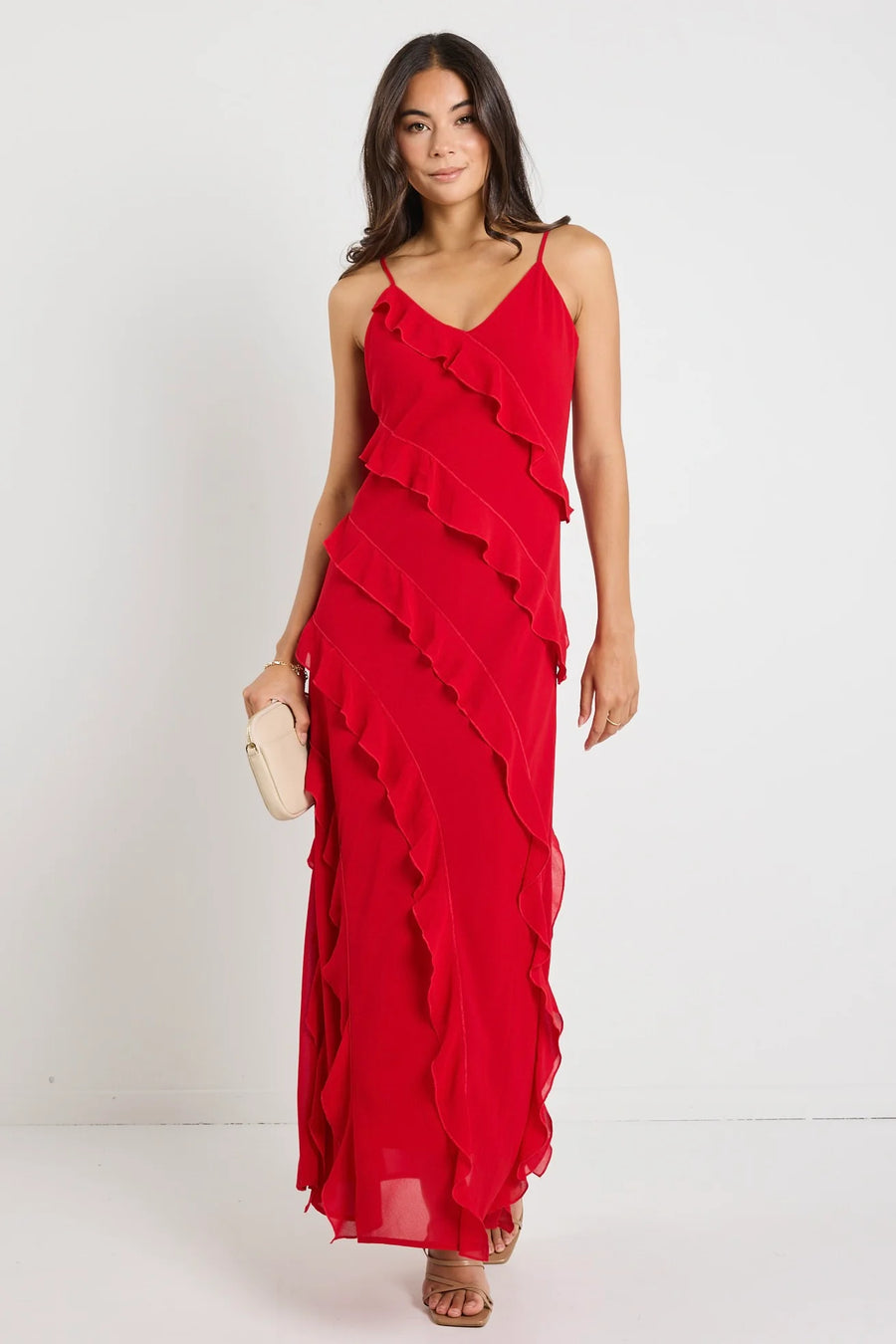 GEORGIA MAE GALORE FLAME BIAS RUFFLE SLIP MAXI DRESS - WILDROSE