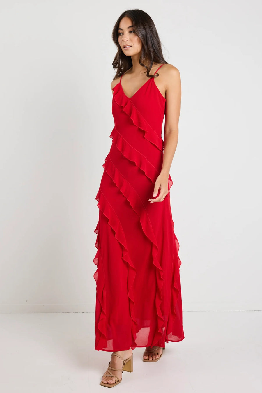 GEORGIA MAE GALORE FLAME BIAS RUFFLE SLIP MAXI DRESS - WILDROSE