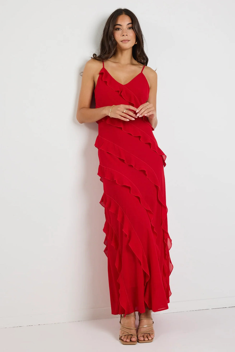 GEORGIA MAE GALORE FLAME BIAS RUFFLE SLIP MAXI DRESS - WILDROSE